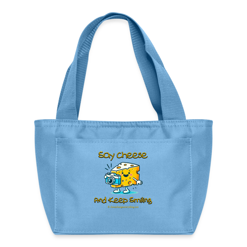 Say Cheese and Keep Smiling | Recycled Insulated Lunch Bag - light blue