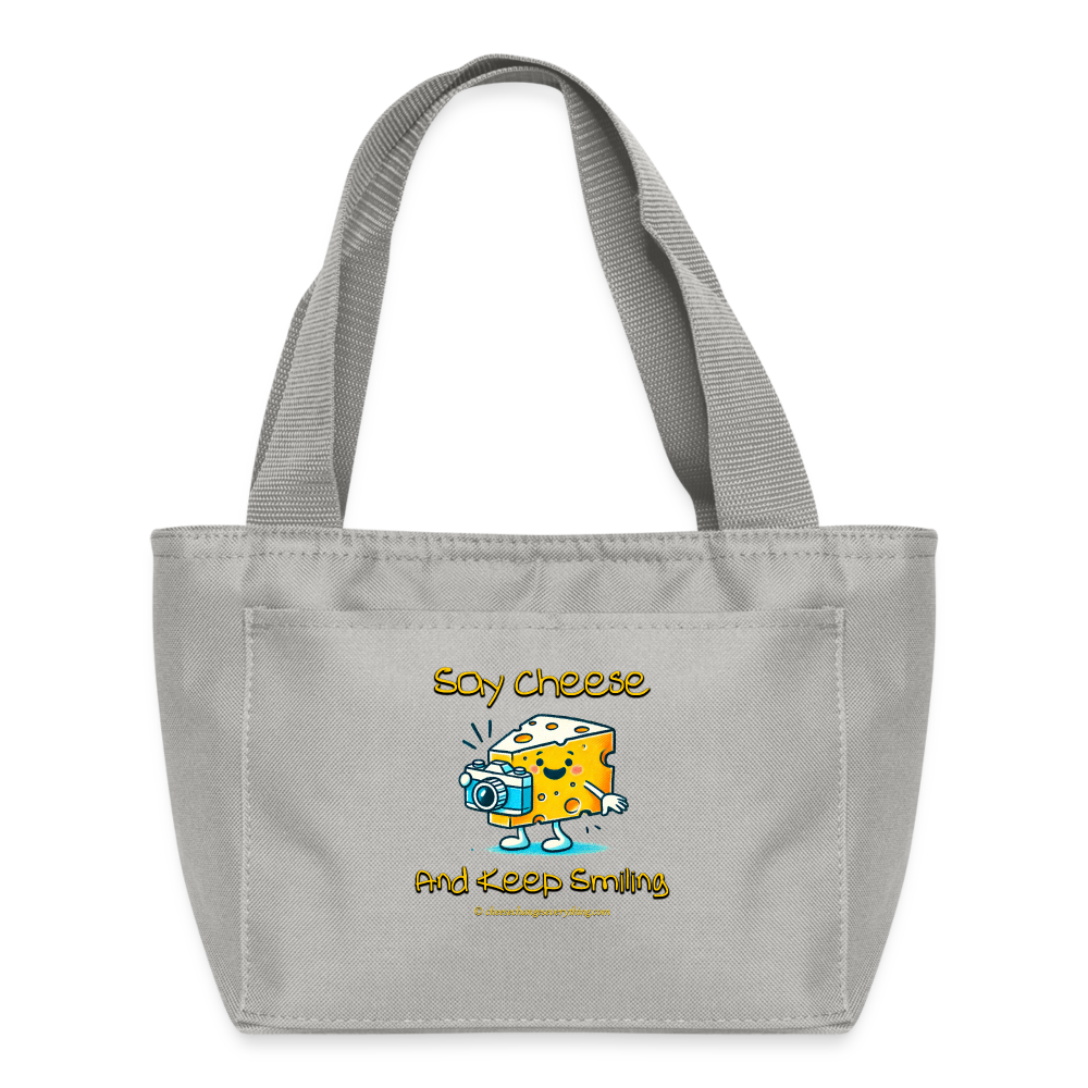 Say Cheese and Keep Smiling | Recycled Insulated Lunch Bag - light gray